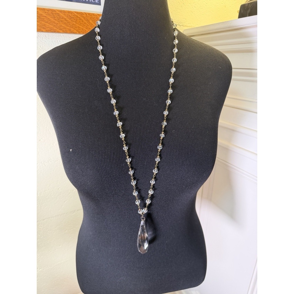 Vintage 36" Crystal Glass Bead‎ Necklace Faceted Teardrop Prism Pendant
